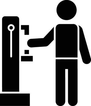 Person interacting with a tall machine or device in a black and white icon vector
