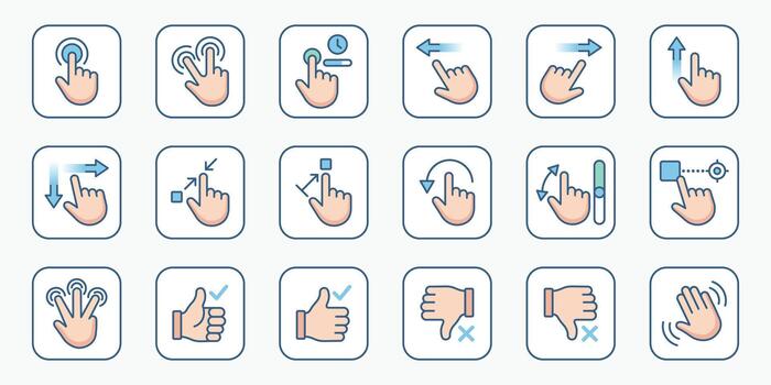 Touch Gesture Control Line Icons Set Tap, Swipe, Zoom, and Drag in Blue and Pink vector