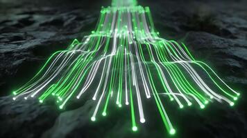 dinámica verde brillante ligero líneas pulsante y extensión terminado oscuro texturizado suelo resumen digital datos fluir video