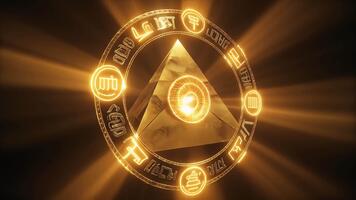 Golden Textured Pyramid Rotating Slowly in Dark Abstract Space with Bright Light Rays video