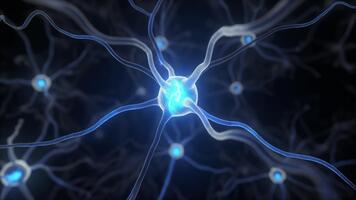 Interconnected neural network showing glowing blue signals and complex brain activity in an abstract digital animation video