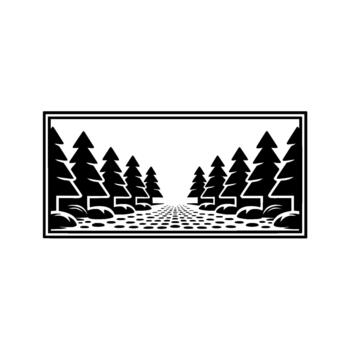 Stylized illustration of a symmetrical forest pathway leading into a vanishing point perspective with stylized pine trees vector