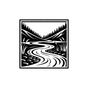 Stylized illustration of a winding river flowing through a valley with pine trees and reeds within a square frame vector