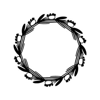 A delicate line art wreath with soft pastel oval buds and small purple florets arranged in a circular pattern vector