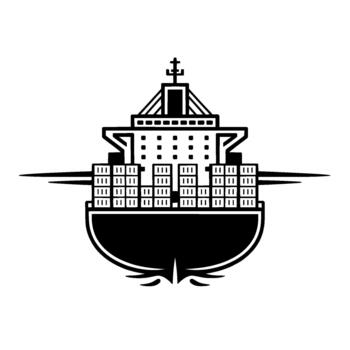 A striking minimalist illustration of a modern container ship viewed from the front showcasing stacked cargo containers and intricate deck structures vector