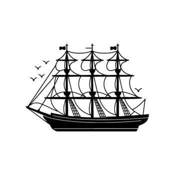 A simple silhouette of a three masted sailing ship with full sails and rigging detailed vector