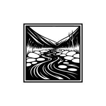 Stylized illustration of a winding river flowing through a rocky valley with sparse vegetation and distant mountains under a simple clean background vector