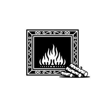 A stark illustration of a stylized fireplace with dancing flames and a small stack of firewood in front vector
