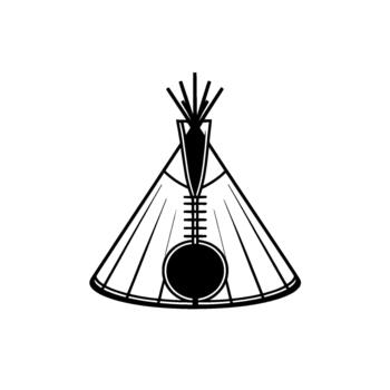 A minimalist geometric illustration of a traditional Native American tipi with stylized lines and a circular emblem symbolizing unity and shelter vector