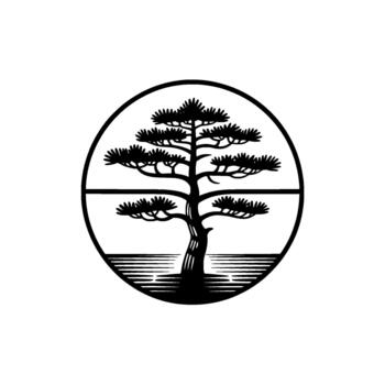 A striking silhouette featuring an ancient pine tree with gnarled branches and dense foliage within a circular frame vector