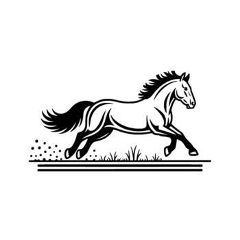 Minimalist illustration of a powerful horse galloping dynamically across a simple grassy plain with stylized dust particles trailing behind vector