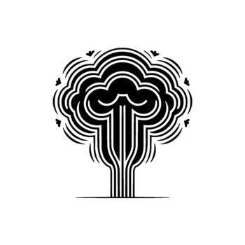 Abstract minimalist monochrome illustration of a stylized tree with concentric radiating lines and small heart shapes emanating from its canopy vector