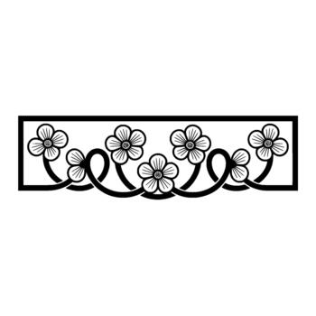 A minimalist illustration of a repeating border featuring delicate five petaled flowers and elegant swirling vine elements framed within a rectangle vector