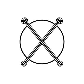 A simple illustration depicting two crossed knitting needles with rounded ends inside a circle vector