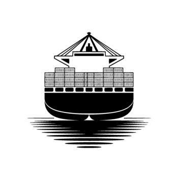 A minimalist silhouette of a massive cargo container ship with stacked shipping containers and a crane loading system isolated vector
