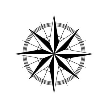 A stark stylized wind rose diagram with sharp pointed cardinal and intercardinal directions intricately detailed with concentric circles and radial lines vector