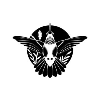 A detailed linocut style illustration of a hovering hummingbird with wings spread wide centered within a dark circular frame featuring delicate plant foliage and a bud vector