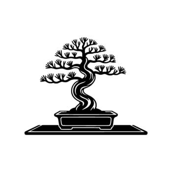 A stylized silhouette of a twisted pine bonsai tree in a rectangular pot resting vector