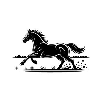 Dynamic silhouette of a powerful running horse in a stylized field with swirling dust and grass vector