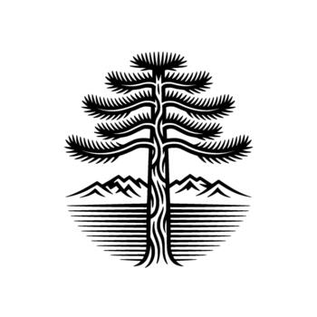 Striking depicting a stylized coniferous tree with distinct foliage and textured trunk standing before distant mountain peaks and a horizontally lined foreground representing land or wa vector