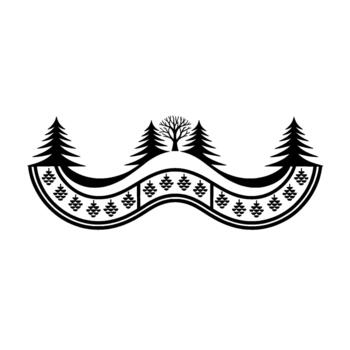 Minimalist silhouette of a stylized forest landscape with evergreen trees a bare deciduous tree and a decorative wavy pattern of pine cones vector