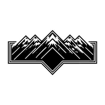 Stylized illustration of a jagged mountain range with snow capped peaks and a dense forest of pine trees below within a bold geometric frame vector