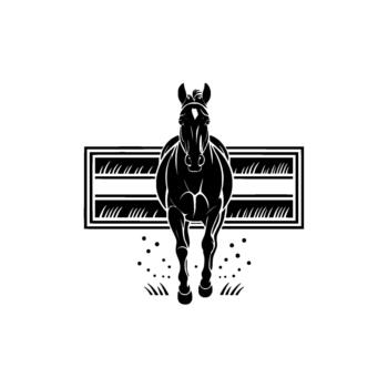 silueta de un poderoso atlético caballo corriendo adelante en frente de un estilizado cerca con césped y polvo elementos vector