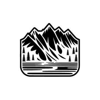 un estilizado representando un escabroso montaña rango con agudo picos un sereno lago o río y un racimo de hojas perennes arboles dentro un redondeado rectangular marco vector