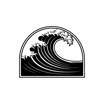 Stylized illustration of a powerful cresting ocean wave contained within a rounded rectangular frame vector