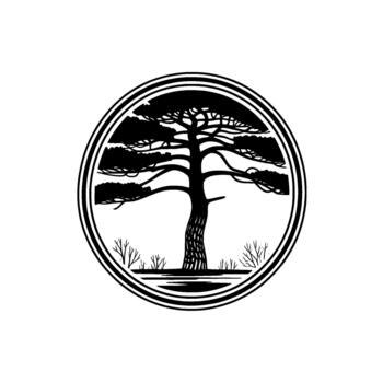 Stylized silhouette of a mature pine tree with textured bark and sprawling branches enclosed within a bold double concentric circular border vector
