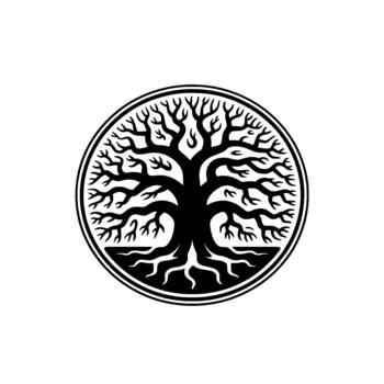 A striking silhouette of a stylized Yggdrasil tree with prominent roots and branches enclosed within a decorative double circular border vector