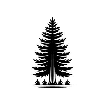 A stylized silhouette of a tall evergreen pine tree with layered branches and a decorative base of small fir trees vector