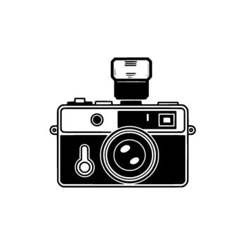 A stylized illustration of a retro camera with an extended flash unit isolated vector