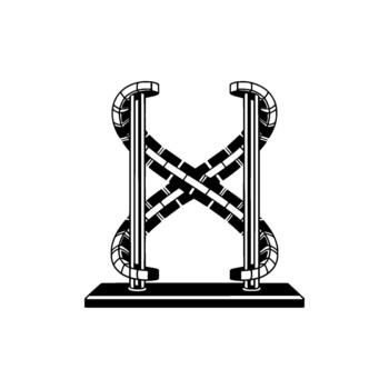 Abstract geometric structure resembling interlocked metallic tubes forming an x shape vector