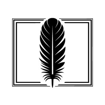 A solitary feather silhouette with intricate detailed barbs is perfectly centered within a classic double bordered rectangular frame vector