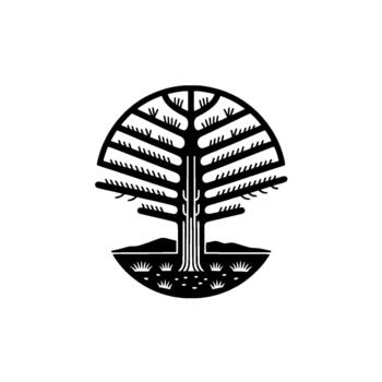 A minimalist geometric featuring a stylized evergreen tree with radiating branches and roots anchored in a grassy landscape vector