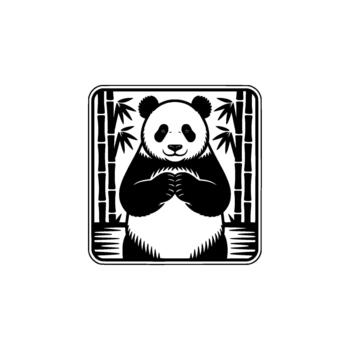 A stylized illustration of a friendly panda bear in a square frame with bamboo stalks and leaves presented in a minimalist art style vector