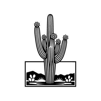 Stylized illustration of a flowering saguaro cactus in a desert landscape silhouette within a simple rectangular frame vector