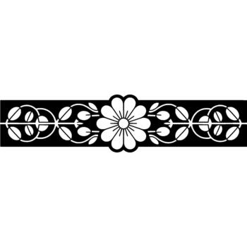 A symmetrical decorative border element featuring a central stylized flower with radiating petals and repeating symmetrical leaf and scroll motifs vector
