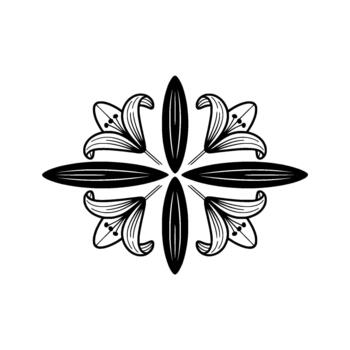 Elegant stylized floral motif featuring four open lily blossoms symmetrically arranged with elongated oval shapes forming a delicate cross pattern vector