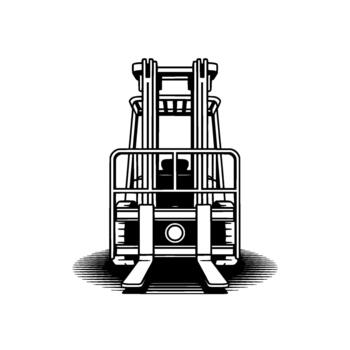 A stark illustration of a front view forklift machine with lifted forks and a cage vector