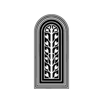 A striking abstract geometric art deco style illustration depicting a stylized tree of life motif enclosed within concentric arched frames isolated vector