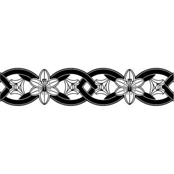 stylized continuous border featuring symmetrical repeating lily flowers intertwined with flowing Celtic knotwork patterns vector
