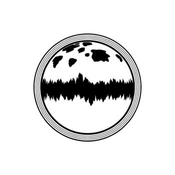 Abstract representation of a stylized moon with craggy lunar surface and forest silhouette inside a concentric circular frame vector