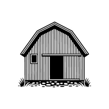 minimalist illustration of a classic barn structure with vertical siding sliding door and a single square window resting vector