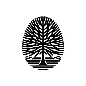 Abstract minimalist tree silhouette within an oval shape with horizontal lines at the base isolated vector