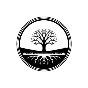 Stylized circular featuring a barren tree with intricate root system and layered mountain landscape backdrop vector
