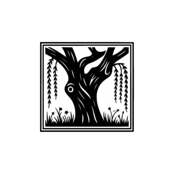 Stylized silhouette of a weeping willow tree with drooping branches and small flowers in the foreground within a decorative square frame vector