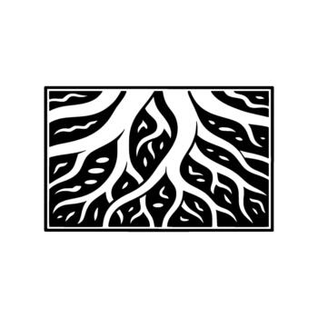 Intricate illustration of a complex tree root system intertwined within a bordered rectangular frame symbolizing growth and interconnectedness vector