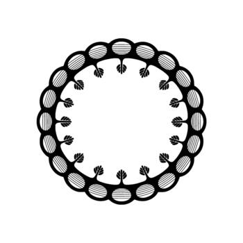 A circular symmetrical featuring a repeating pattern of stylized oval shapes with internal parallel lines and small attached leaflike motifs vector